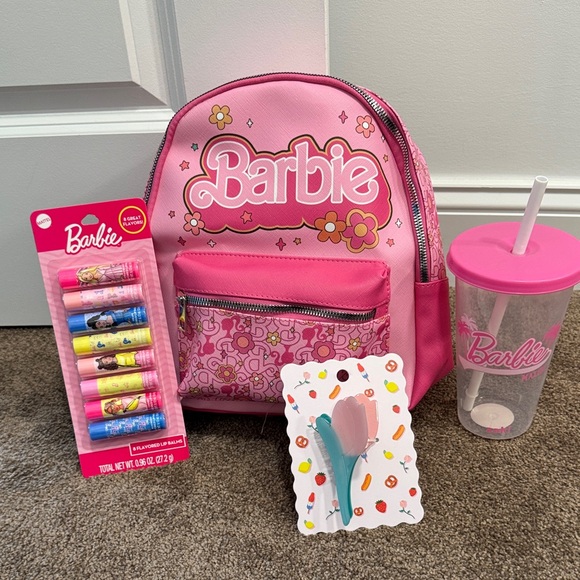 Barbie Bundle Backpack Zak water bottle 8 pack lip gloss flower hair clip NWT - Picture 1 of 9